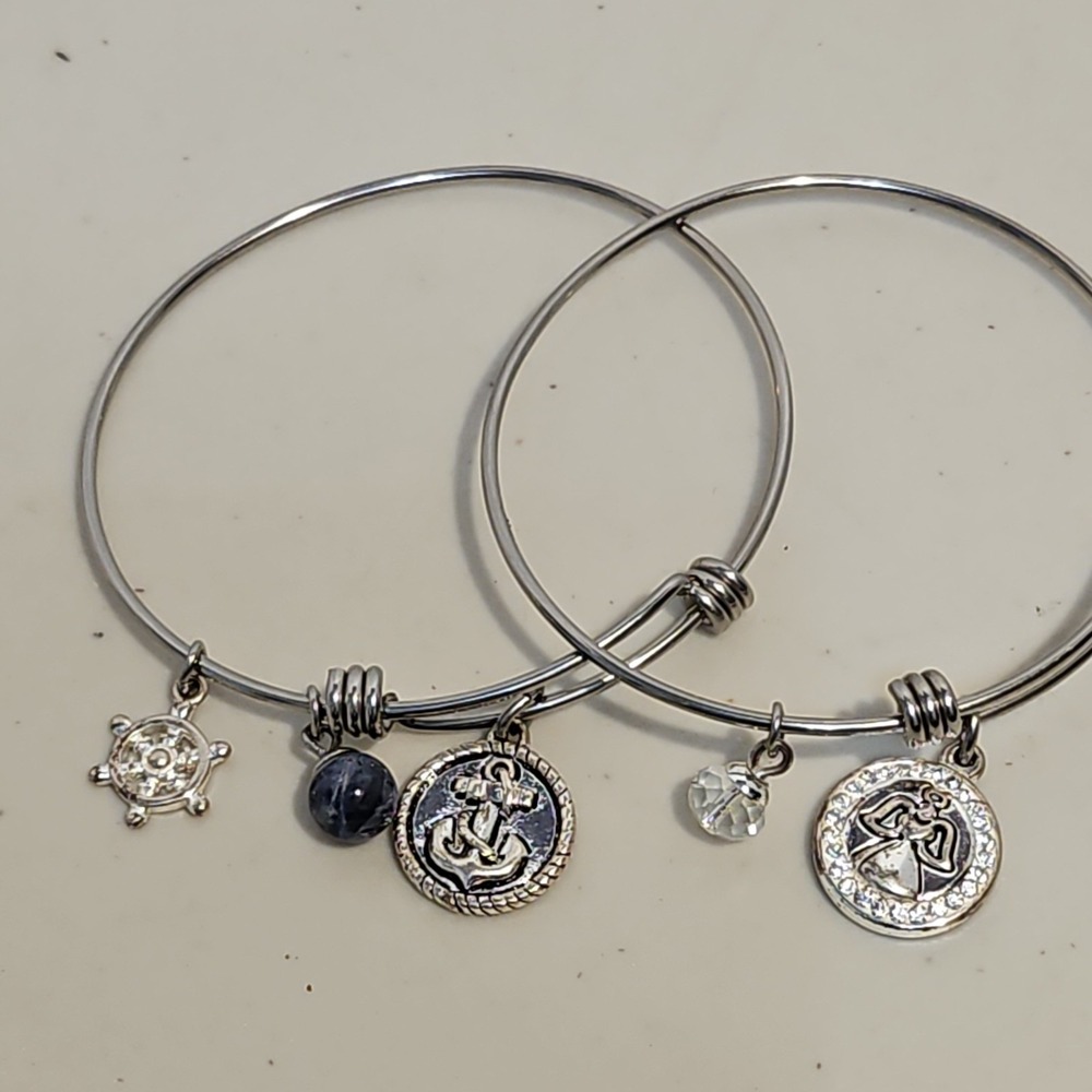 Silver Tone Expandable Charm Bracelet Guardian Angel Strength Anchor Lot Of 2